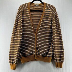 Carven Sweater Mens Sz L Button Up Knitted Cardigan Motif Stripe Brown Multi